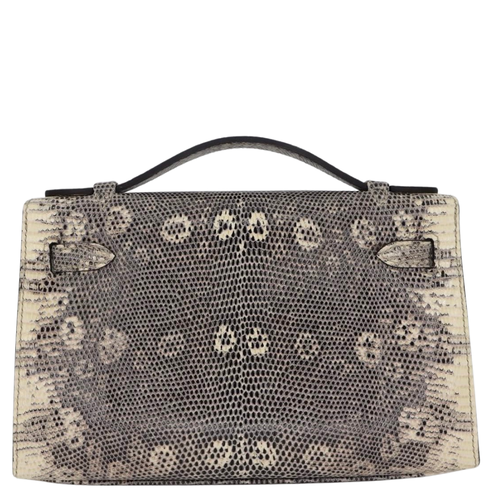 Hermes Kelly Pochette Ombre Lizard back view, highlighting the seamless exotic skin pattern and pristine craftsmanship.
