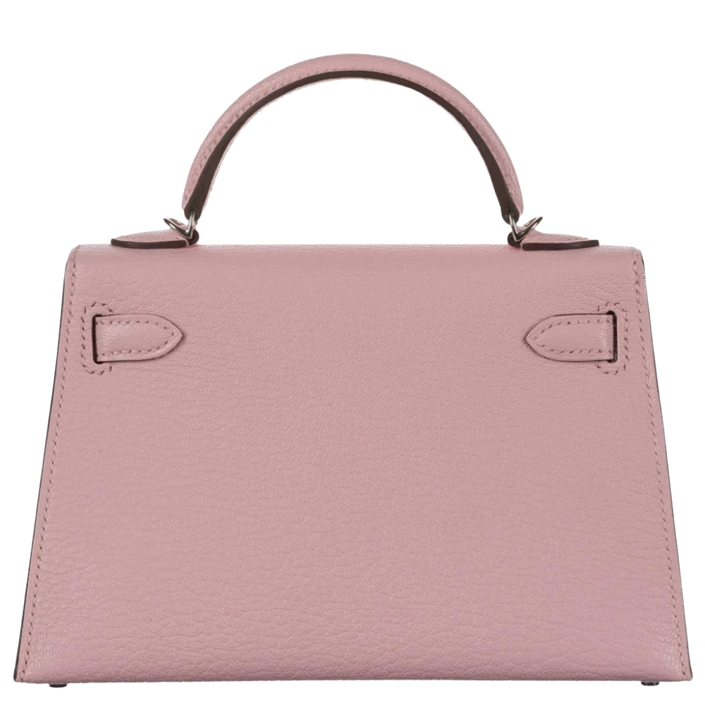 Hermes Mini Kelly 20 Sellier Rose Sakura Chevre back view, highlighting the flawless geometric lines and premium goatskin craftsmanship.