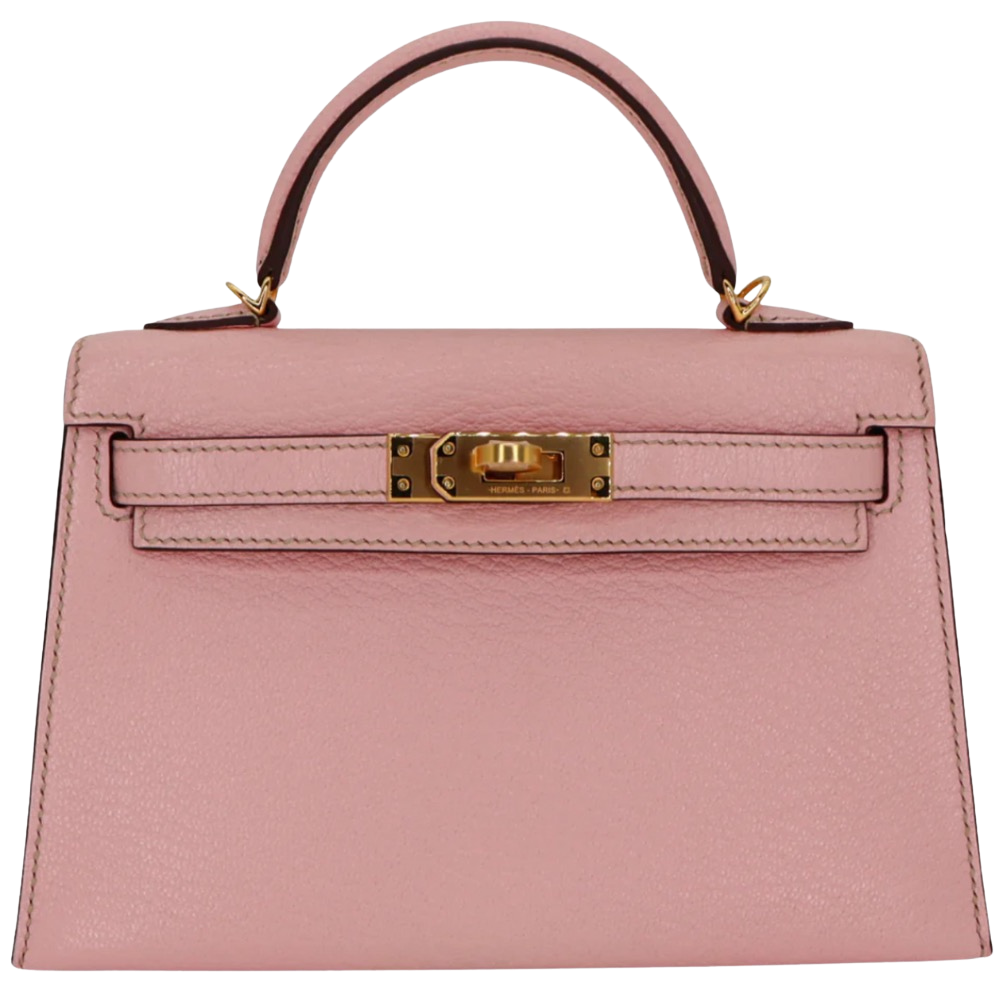Hermes Mini Kelly 20 Sellier Rose Sakura Chevre front view, showcasing the miniature architectural silhouette, rigid structure, and iconic turn-lock closure.