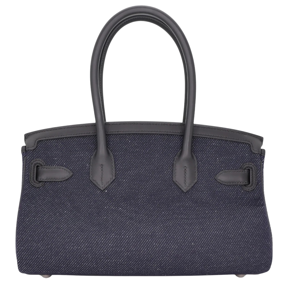Hermes Shoulder Birkin 29 Denim Black Swift back view, highlighting the clean horizontal lines, contrast denim and leather texture, and protective base feet.