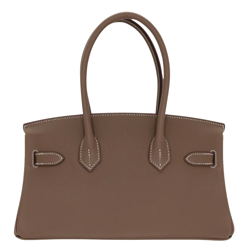 Hermes Shoulder Birkin 29 Etoupe Evercolor back view, highlighting the clean horizontal lines, satin grain Evercolor texture, and protective base feet.