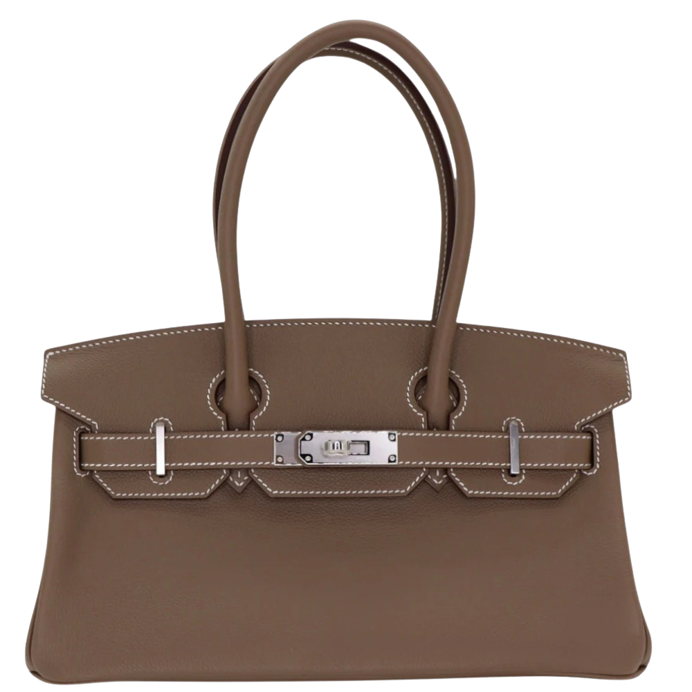 Hermes Shoulder Birkin 29 Etoupe Evercolor front view, showcasing the elongated horizontal silhouette, iconic taupe-grey leather, white contrast stitching, long shoulder handles, and silver turn-lock hardware.