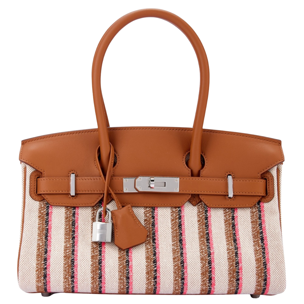 Hermes Shoulder Birkin 29 Gold Ecru Black Rose Pop front view, showcasing the elongated shoulder silhouette, multi-color canvas body with Rose Pop accents, Swift leather trim, shoulder handles, and silver turn-lock hardware.