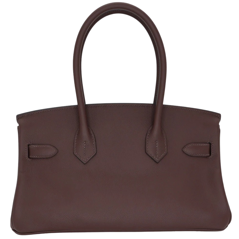 Hermes Shoulder Birkin 29 Moka Evercolor back view, highlighting the clean horizontal lines, fine satin grain Evercolor texture, and protective base feet.