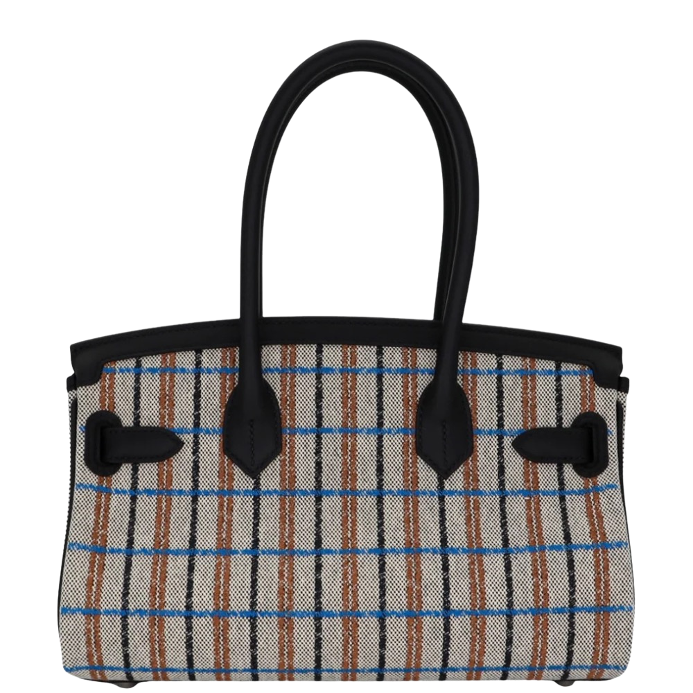 Hermes Shoulder Birkin 29 Multicolor Ecru Canvas back view, highlighting the clean structural proportions, woven mixed-media texture, leather trims, and protective metal feet.