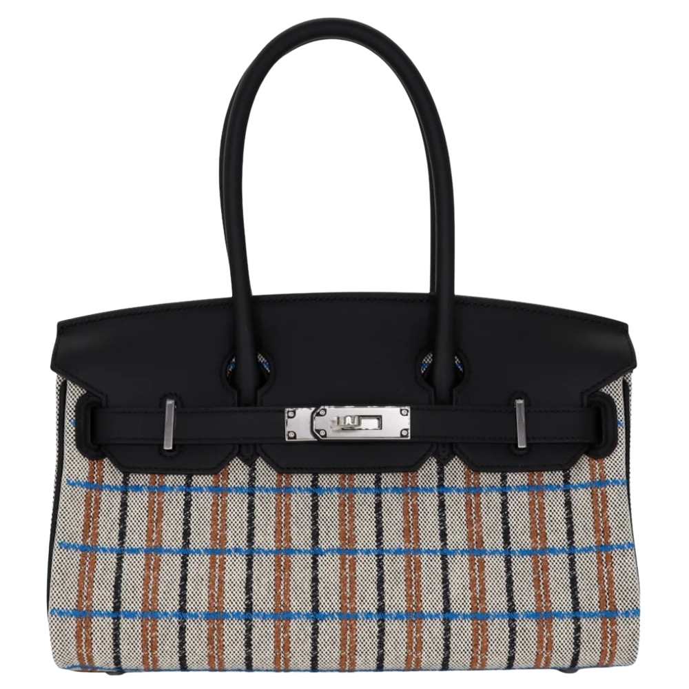 Hermes Shoulder Birkin 29 Multicolor Ecru Canvas front view, showcasing the elongated horizontal silhouette, woven ecru canvas body, colorful Swift leather accents, long shoulder handles, and silver turn-lock hardware.