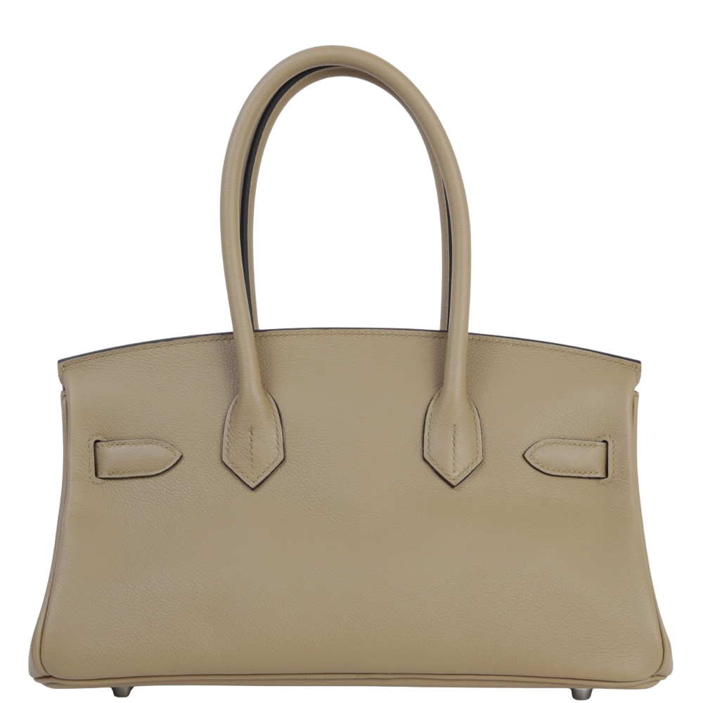 Hermes Shoulder Birkin 29 Poussiere Evercolor back view, highlighting the clean horizontal lines, satin grain Evercolor texture, and protective base feet.