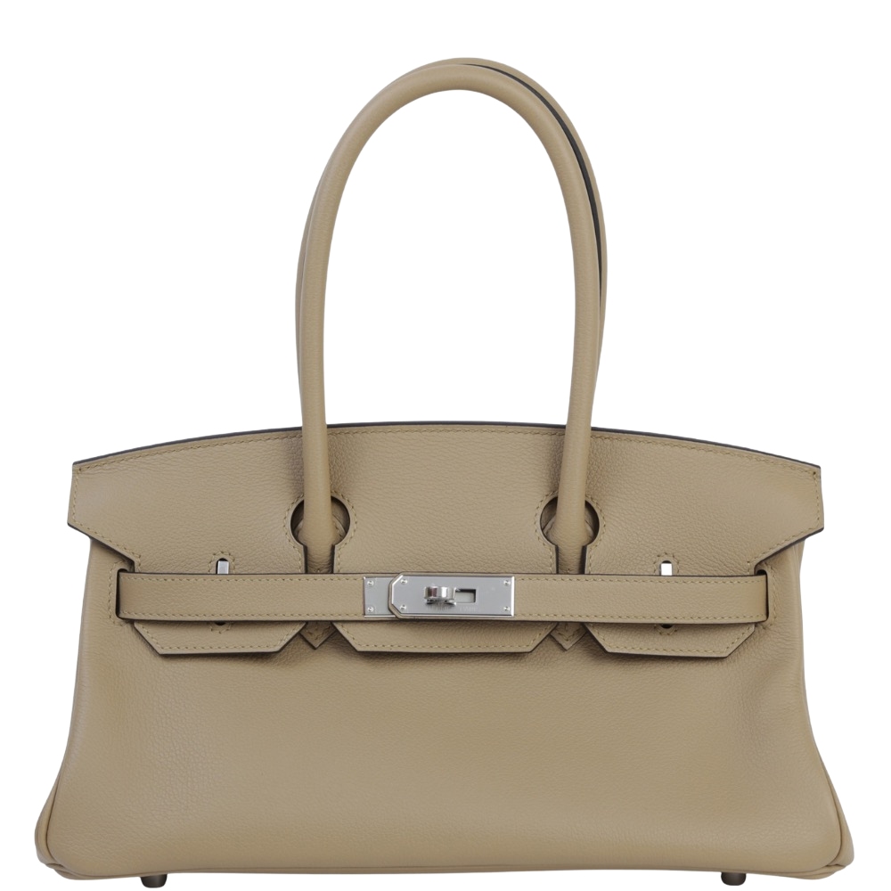 Hermes Shoulder Birkin 29 Poussiere Evercolor front view, showcasing the elongated shoulder silhouette, soft muted grey-beige leather, long shoulder handles, and silver turn-lock hardware.