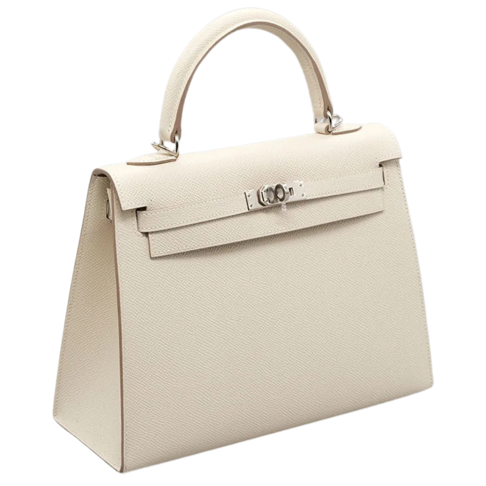 Side view of Hermès Kelly 20 bag in chalk leather, showing silver hardware
