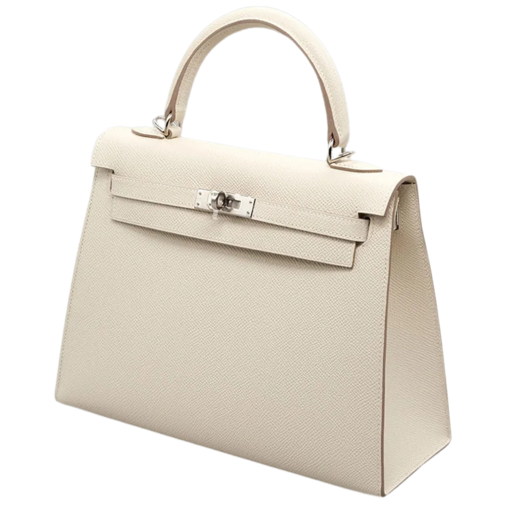 Side view of Hermès Kelly 20 bag in chalk leather, showing silver hardware