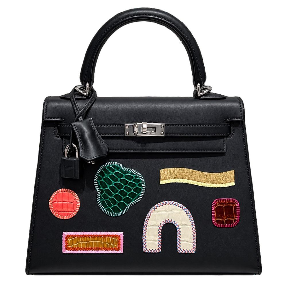 Hermes Kelly 25 Sellier Broderie Collage front view, showcasing the intricate embroidery and structured silhouette.
