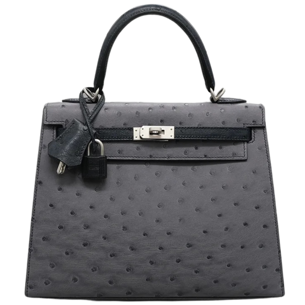 Kelly 25 Gris agate / Blue Indigo Ostrich