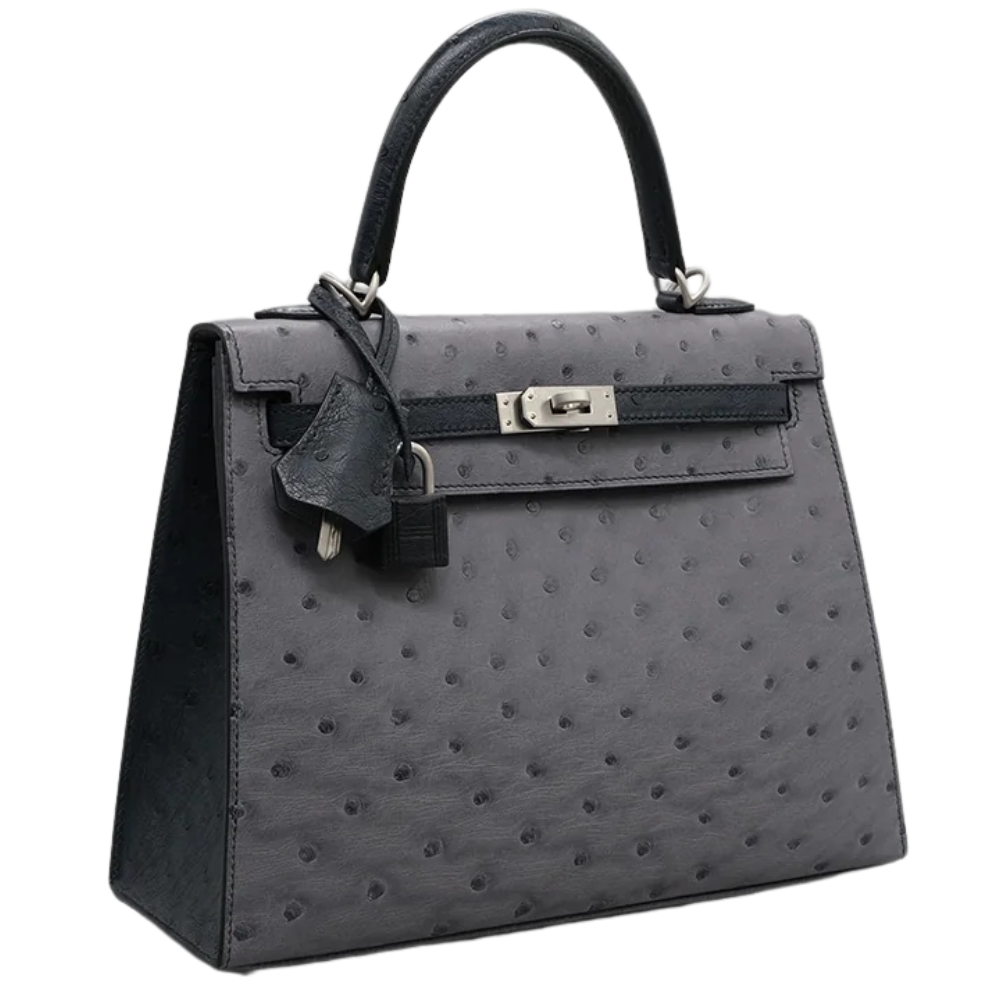 Kelly 25 Gris agate / Blue Indigo Ostrich