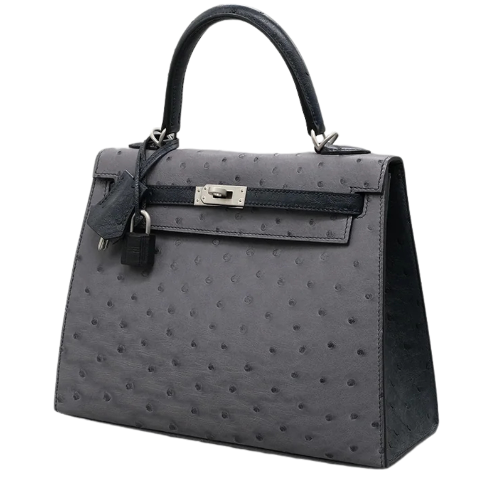 Kelly 25 Gris agate / Blue Indigo Ostrich