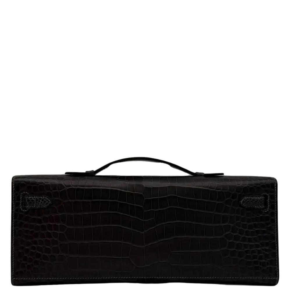 Hermes Kelly Cut Graphite Matte Porosus back view, highlighting the flawless alignment of exotic scales and velvety matte finish.