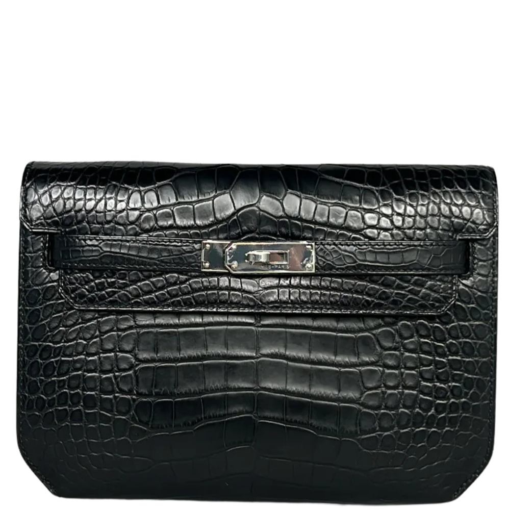 Hermès Kelly Dépêche in black alligator leather, front view