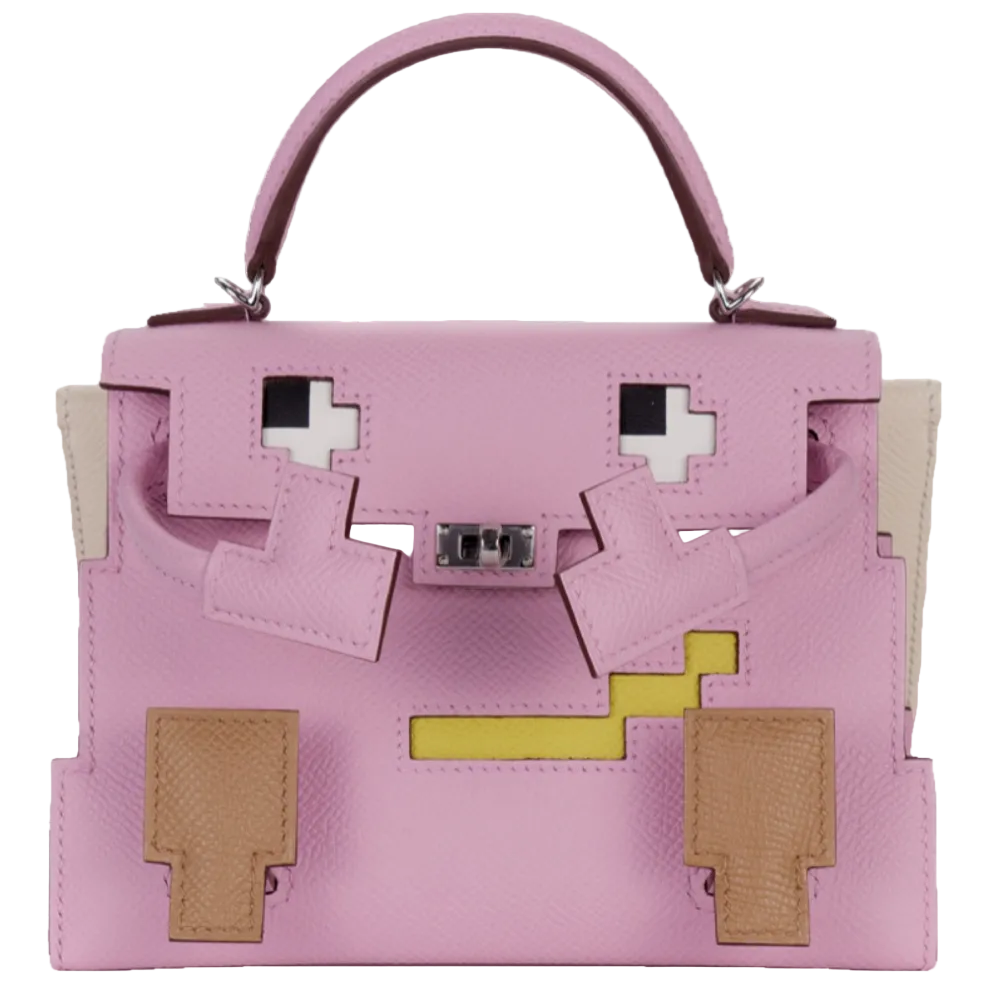 Discover the ultra-rare and whimsical Hermes Kelly Doll Picto in multi-color Epsom leather featuring Mauve Sylvestre, Chai, Lime, and Nata, paired with silver hardware.