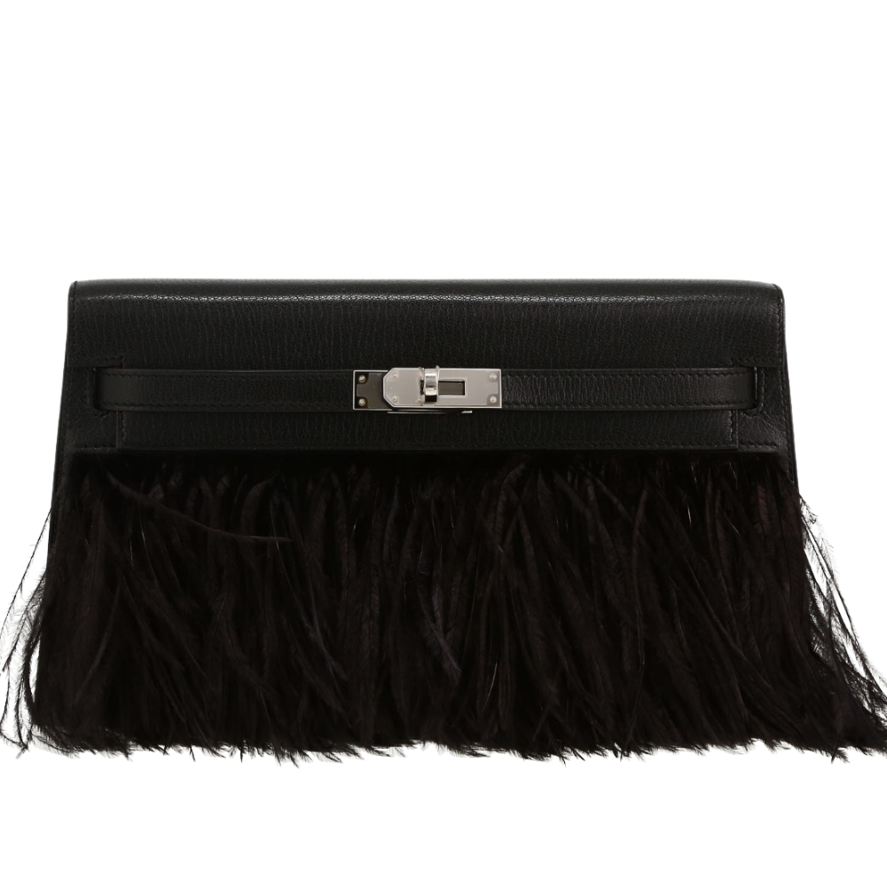Hermès Kelly Elan handbag in folie black with feather details, elegant design, front view
