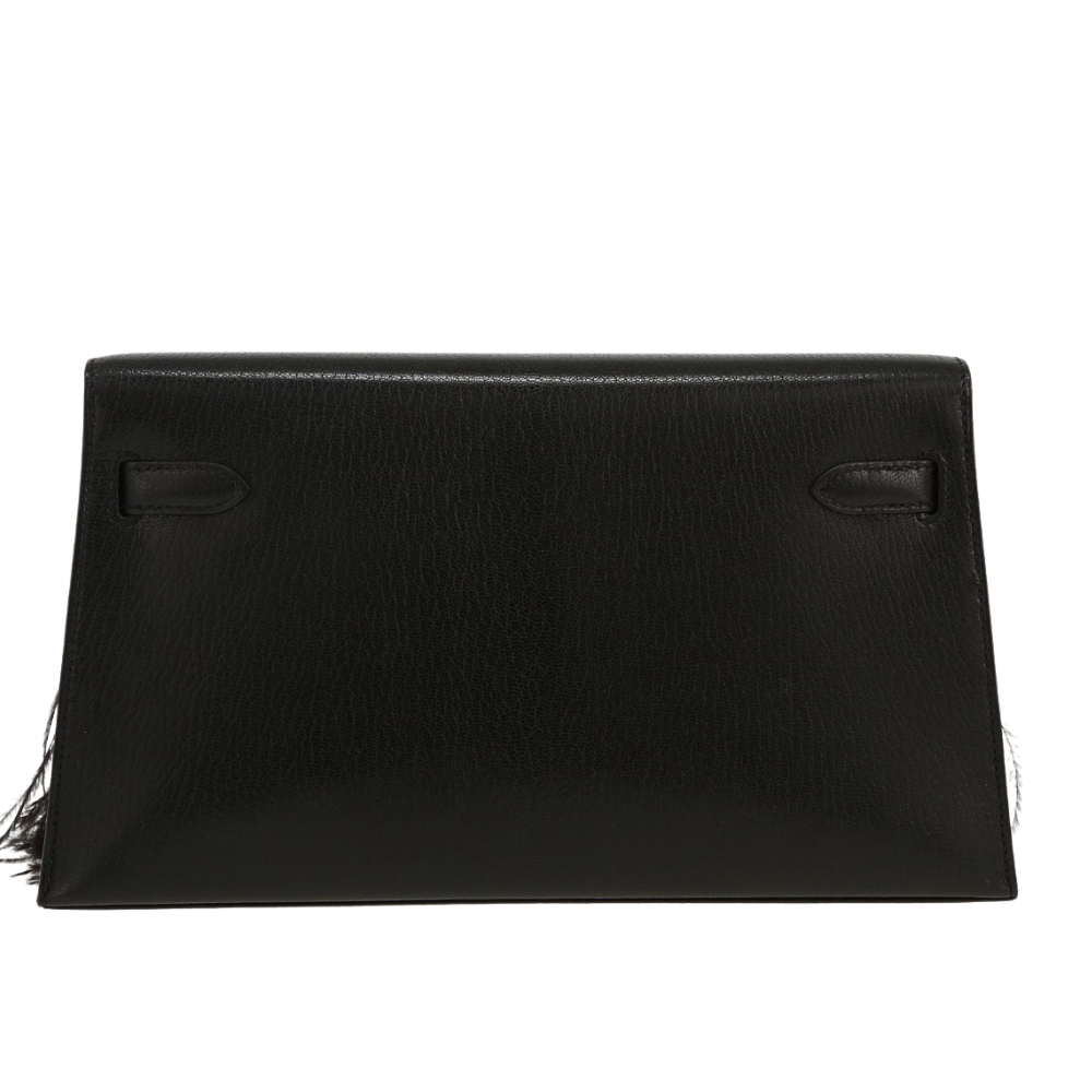 back view of Hermès Kelly Elan handbag in folie black with feather details, elegant design
