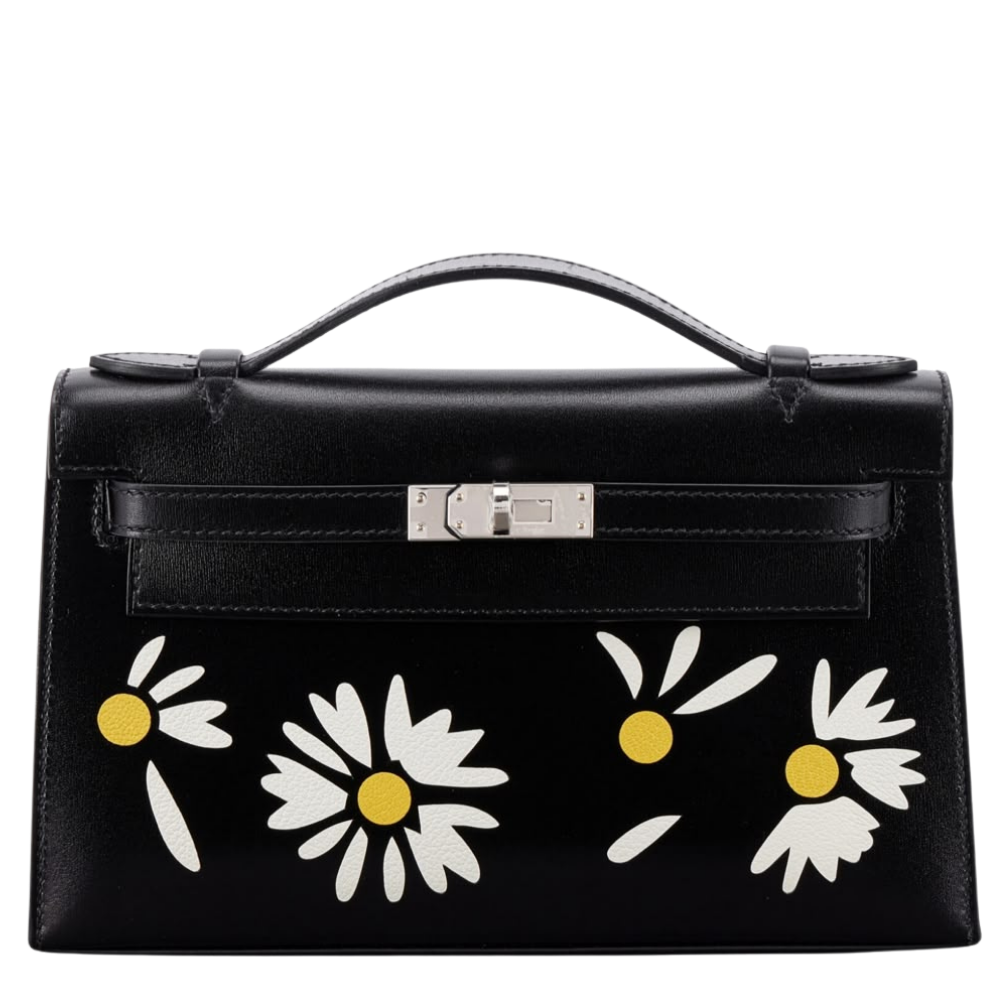 Hermes Kelly Pochette Inlay Daisy Black White and Jaune front view, showcasing the intricate floral leather inlay and structured silhouette.