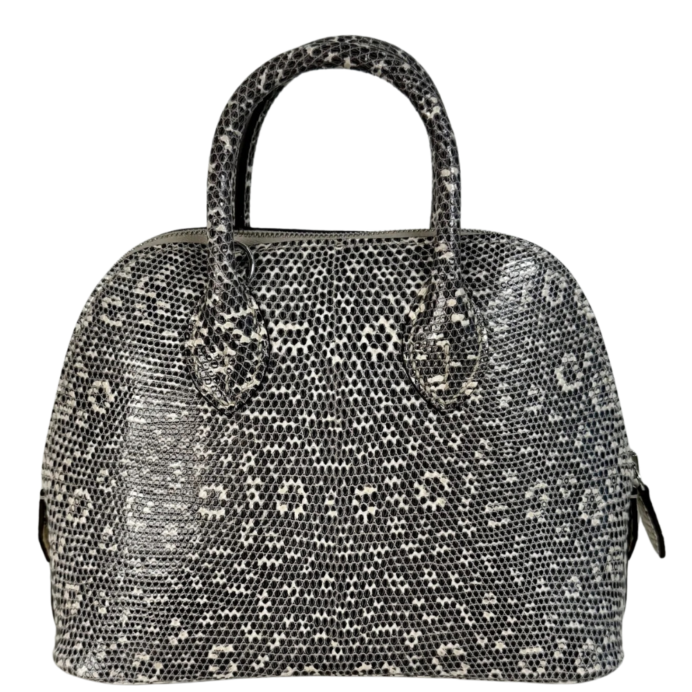 Hermes Mini Bolide Ombre Lizard front view, showcasing the iconic dome shape, symmetrical natural lizard markings, and top handles.