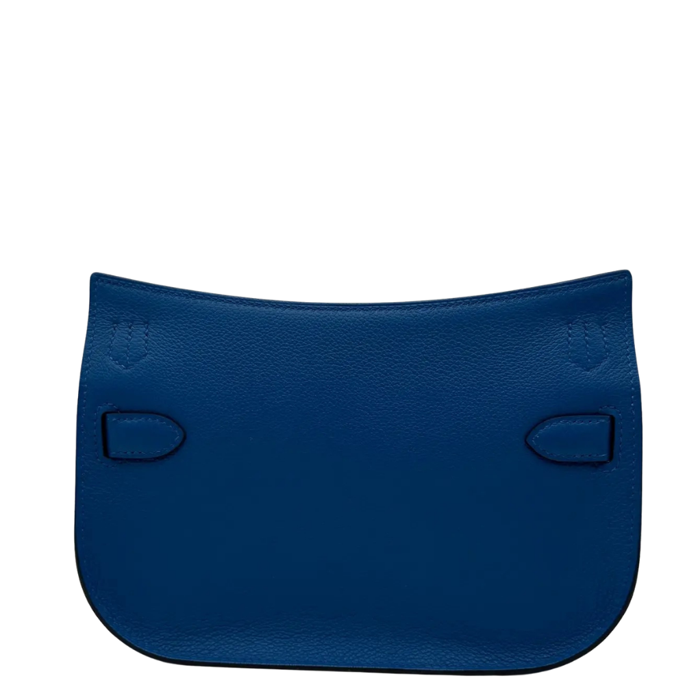 Hermes Mini Jypsiere Blue Zellige Evercolor back view, highlighting the clean structural lines and fine-grained leather craftsmanship.
