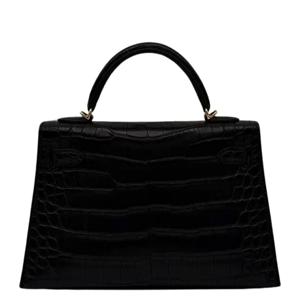 Hermes Mini Kelly 20 Black Matte Alligator back view, highlighting the flawless exotic skin alignment and architectural precision.