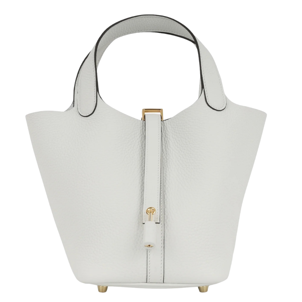 Hermes Picotin 18 New White Taurillon Clemence front view, showcasing the minimalist bucket silhouette and signature lock closure.