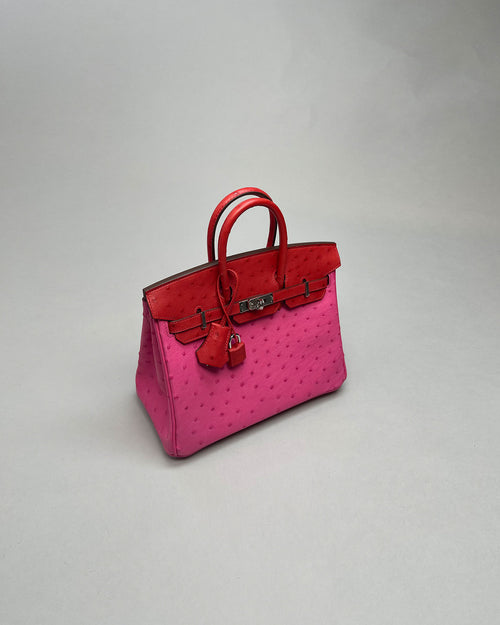 Birkin Touch 25 Ostrich Rose Tyrien / Rouge Vif